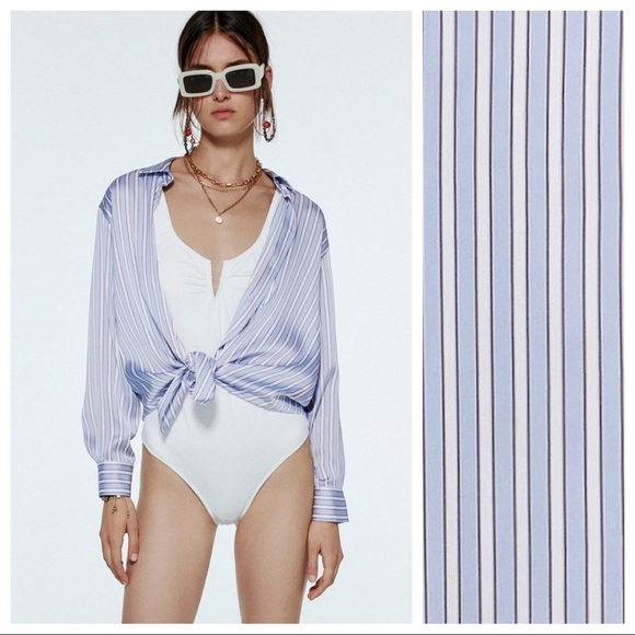 Zara Tops - NWT. Zara Blue/White Stiped Satin Effect Blouse/Shirt. Size S.